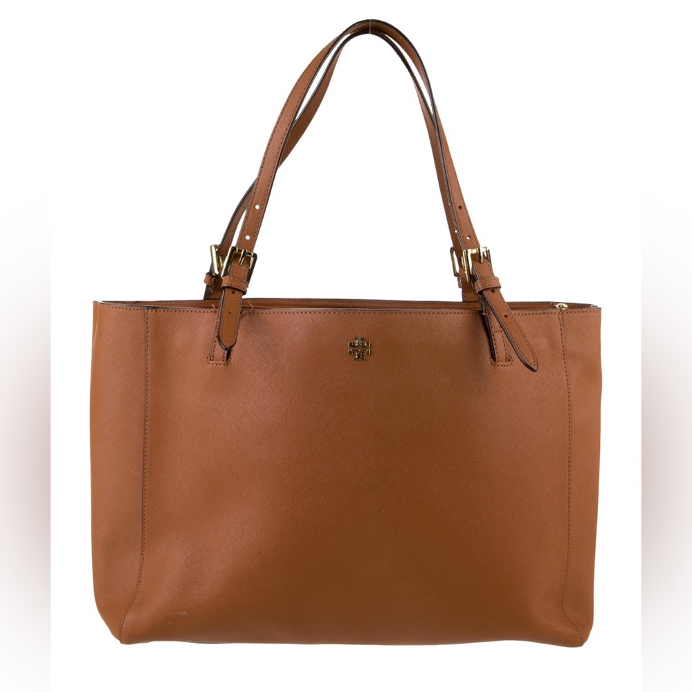 Tory Burch solid leather tote bag; brown leather; gold tone hardware